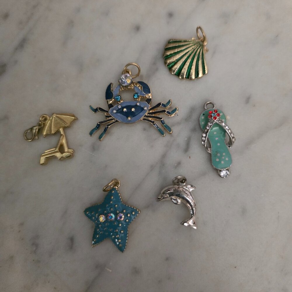 Beach Charm Lot Crab Dolphin Starfish Flip Flop Shell Enamel Rhinestone Coastal
